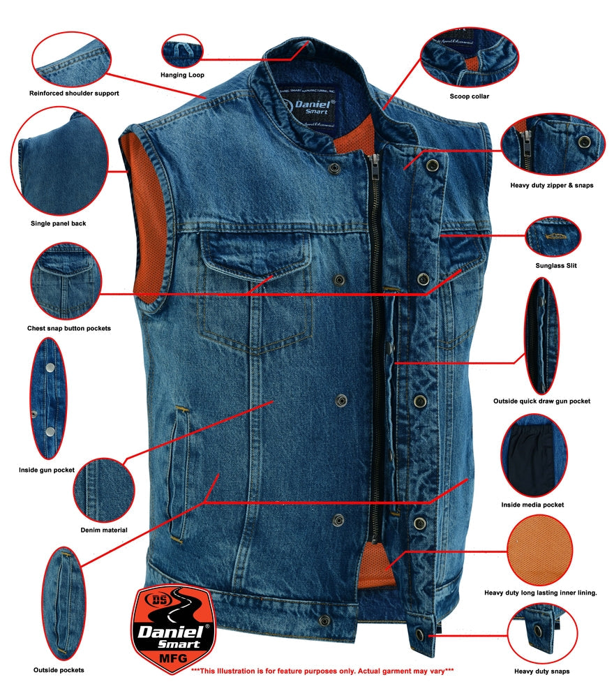 Men's Blue Denim Motorcycle Vest with Lace & Pockets