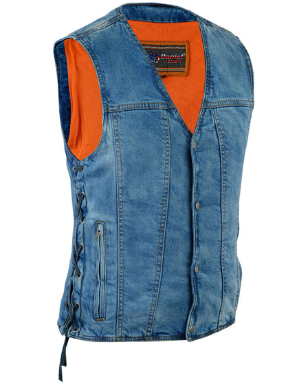 Men's Blue Denim Motorcycle Vest with Lace & Pockets