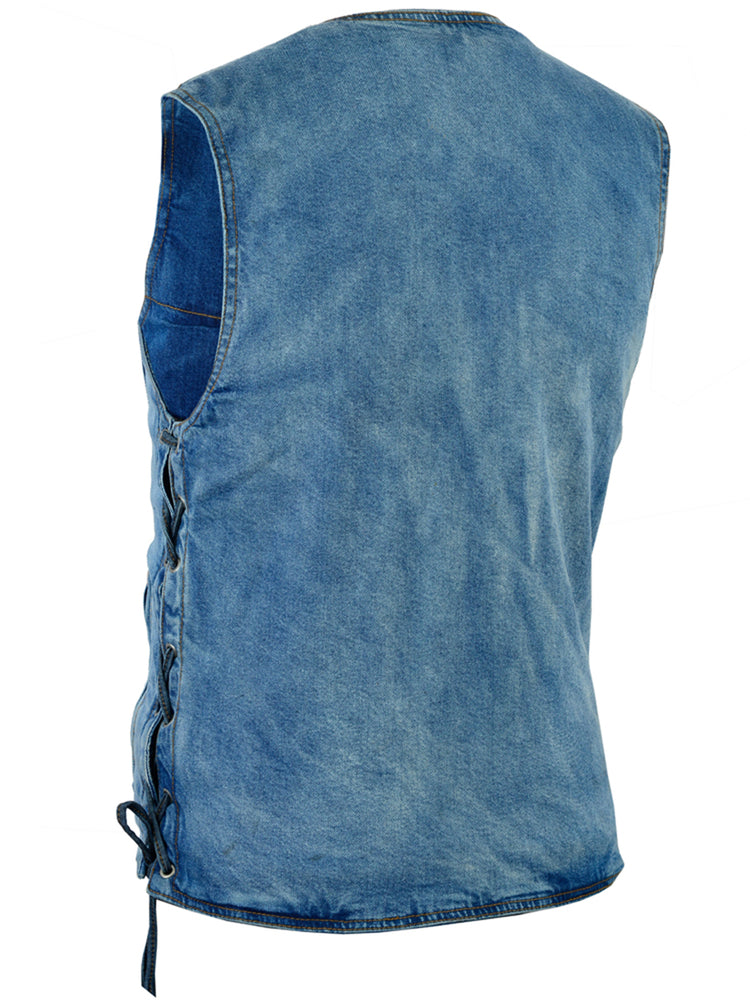 Men's Blue Denim Motorcycle Vest with Lace & Pockets