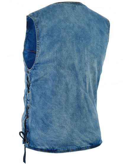 Men's Blue Denim Motorcycle Vest with Lace & Pockets
