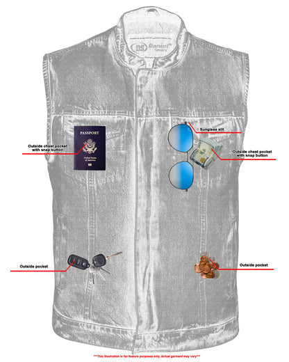 Men's Blue Denim Motorcycle Vest with Lace & Pockets