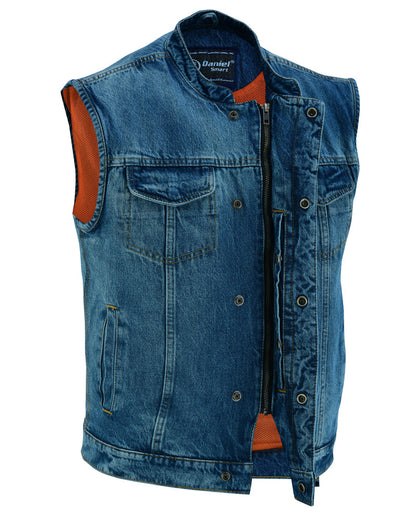 Men's Blue Denim Motorcycle Vest with Lace & Pockets