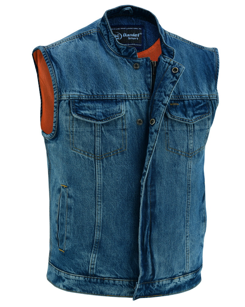 Men's Blue Denim Motorcycle Vest with Lace & Pockets