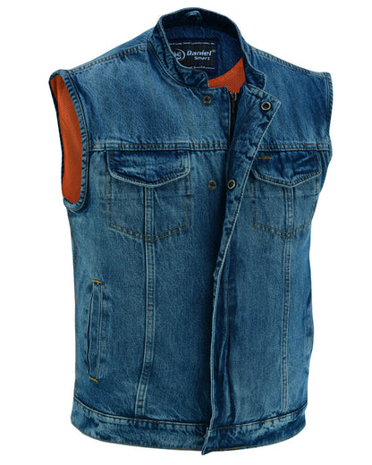 Men's Blue Denim Motorcycle Vest with Lace & Pockets