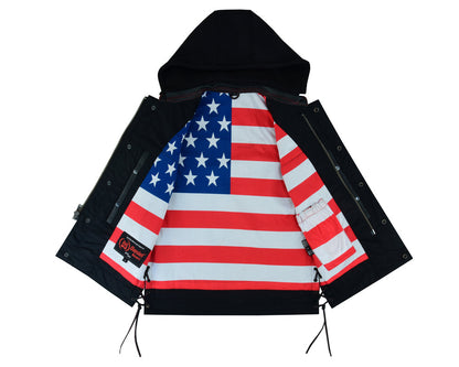 Men's Road Edge Leather Black Vest – Removable Hood