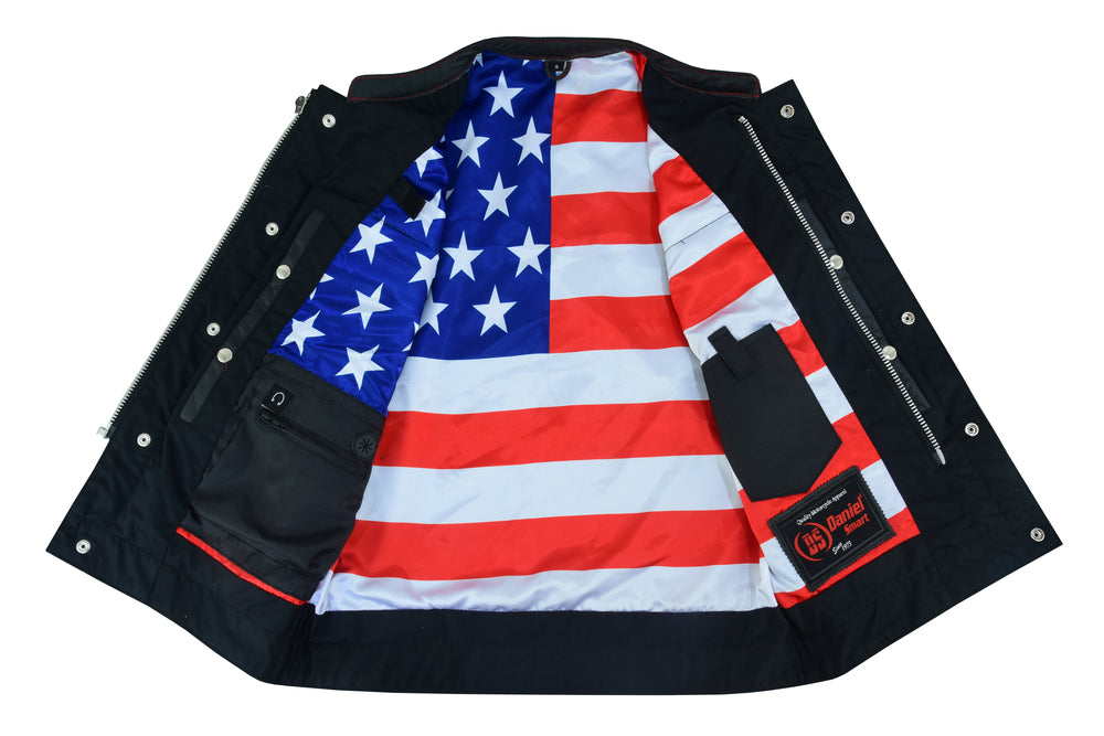 Mens's Leather Motorcycle Vest with Scoop Collar & USA Flag