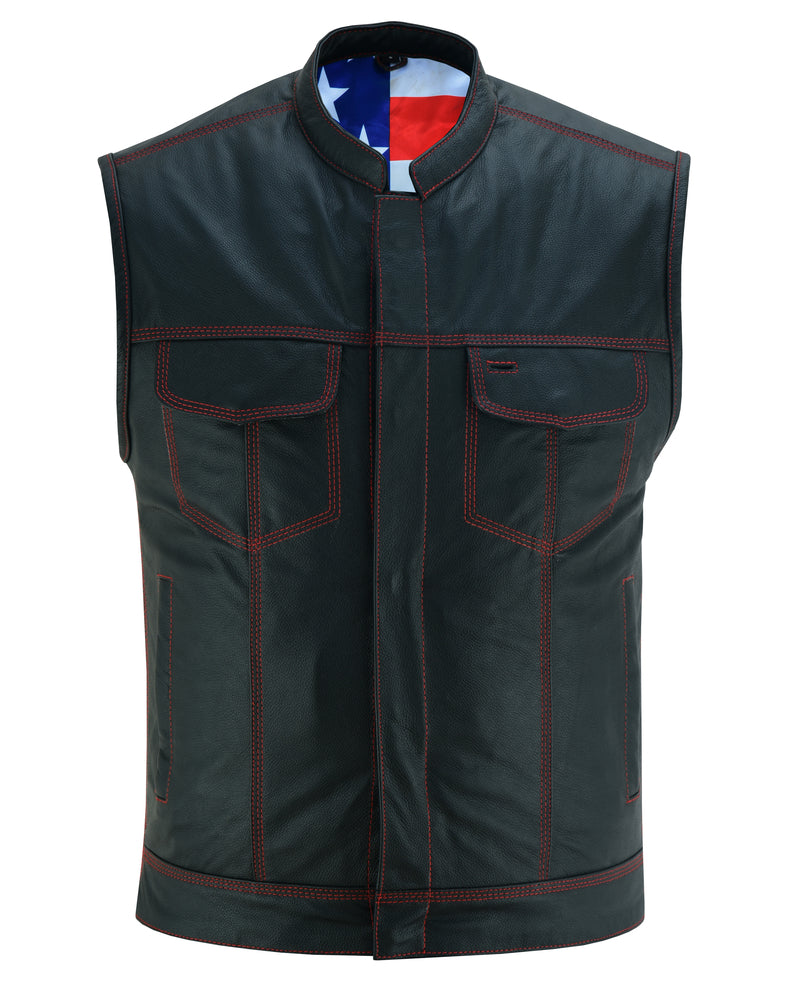 DS165 MEN'S LEATHER VEST WITH RED STITCHING AND USA INSIDE FLAG LININ