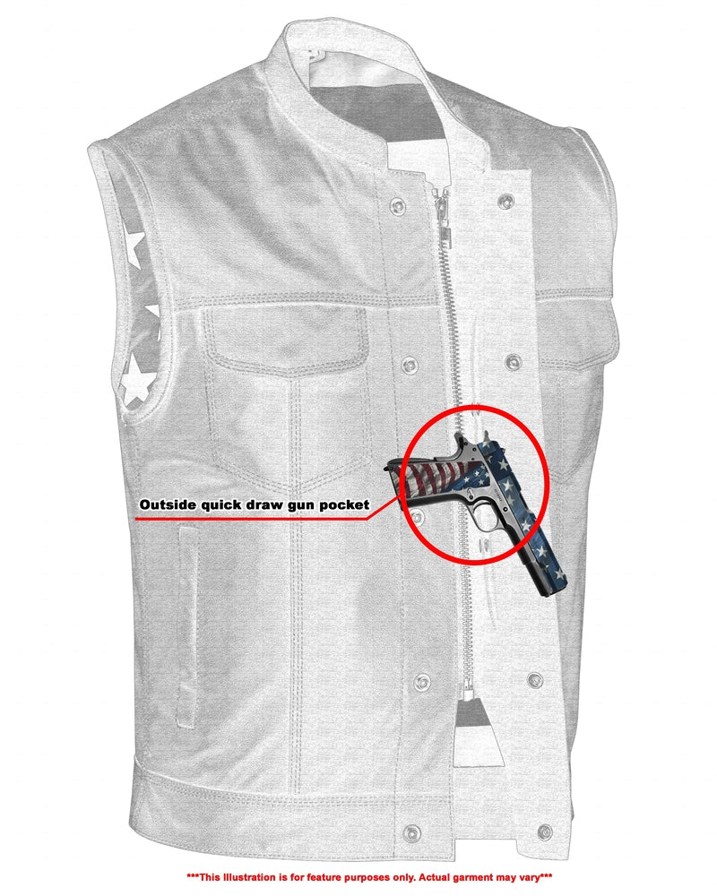 Mens's Leather Motorcycle Vest with Scoop Collar & USA Flag