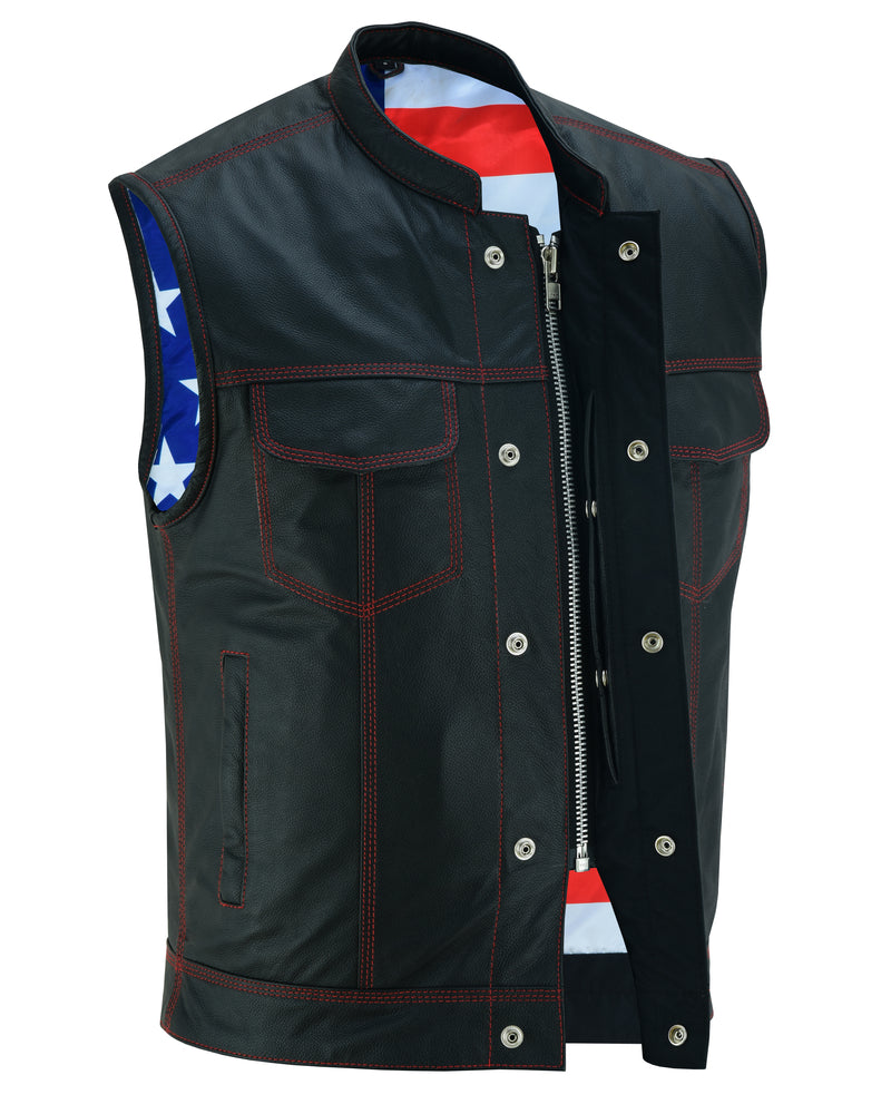 Mens's Leather Motorcycle Vest with Scoop Collar & USA Flag