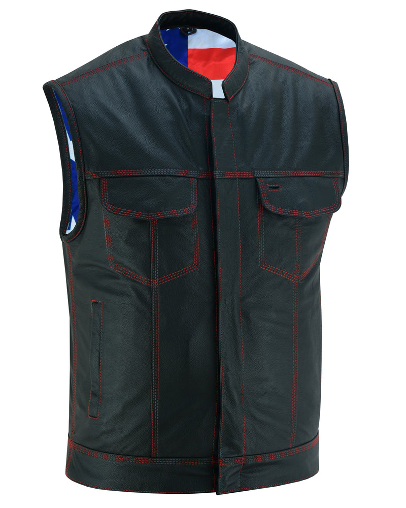Mens's Leather Motorcycle Vest with Scoop Collar & USA Flag