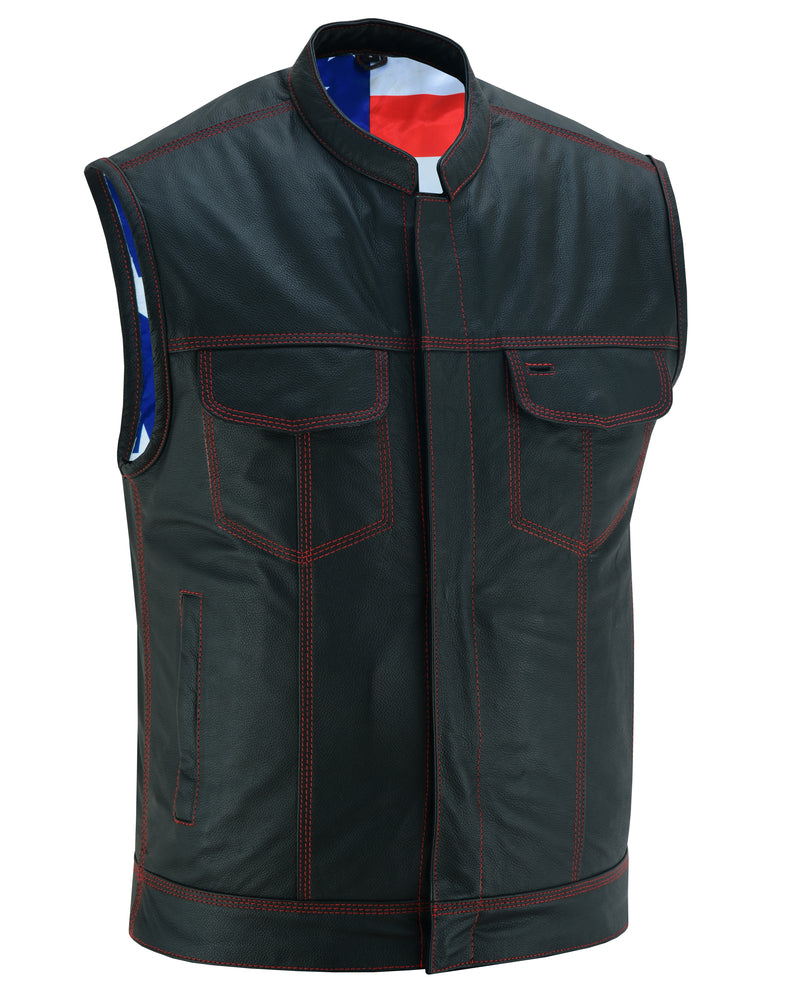 DS165 MEN'S LEATHER VEST WITH RED STITCHING AND USA INSIDE FLAG LININ