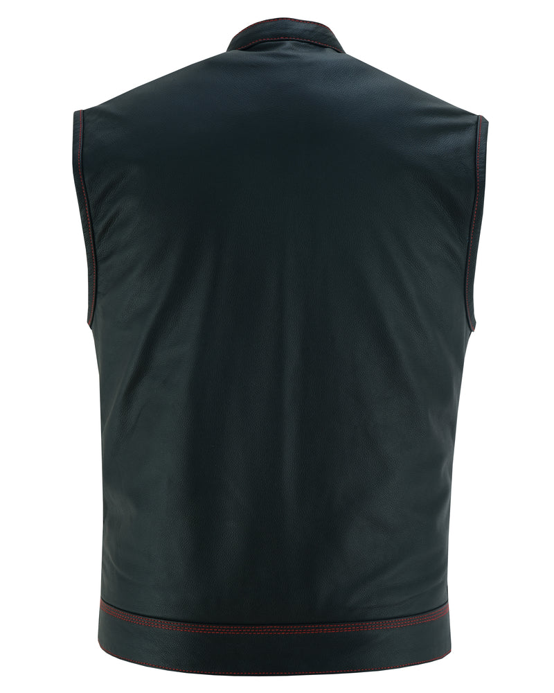 Mens's Leather Motorcycle Vest with Scoop Collar & USA Flag