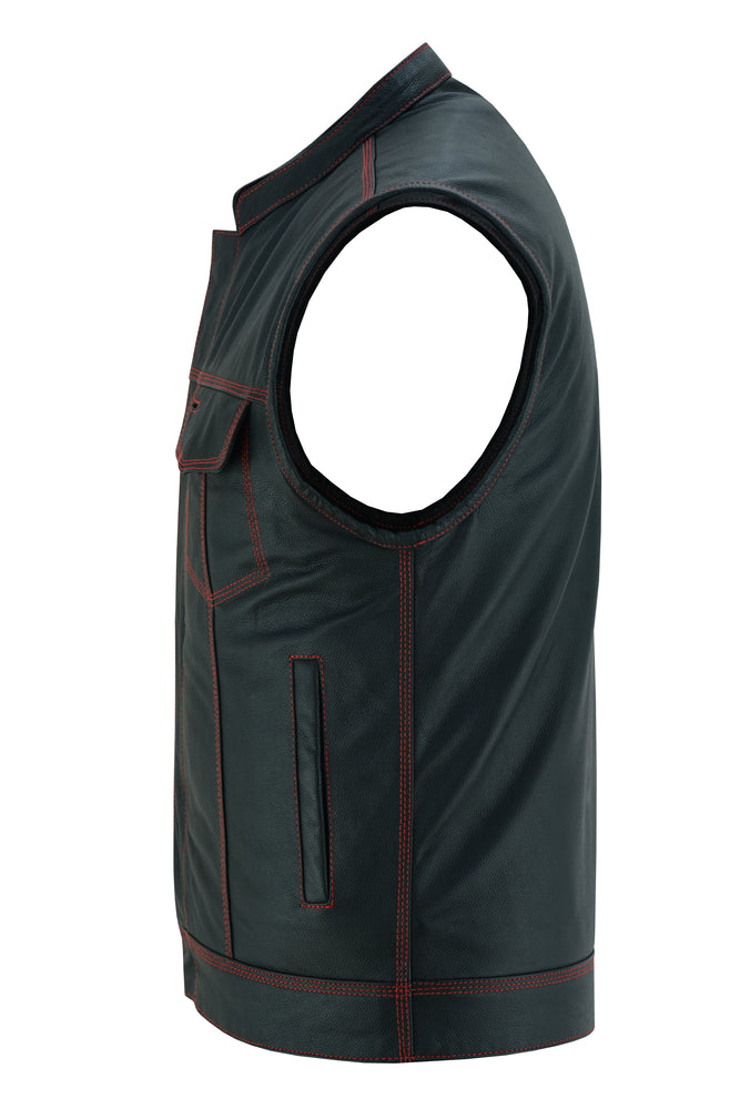 Mens's Leather Motorcycle Vest with Scoop Collar & USA Flag