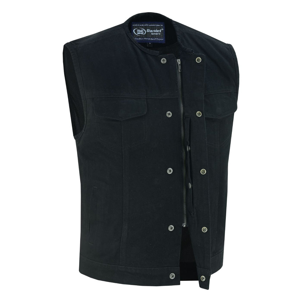 Mens Black Denim Motorcycle Vest with Concealed Snaps & Zipper
