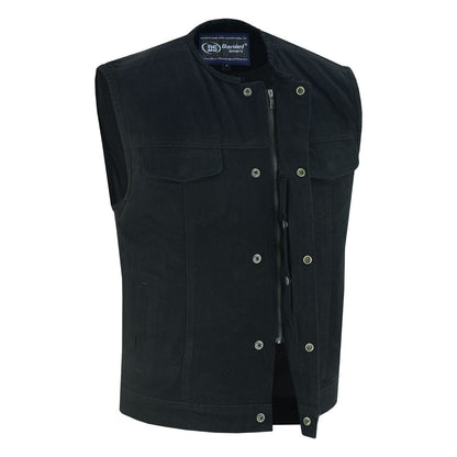 Mens Black Denim Motorcycle Vest with Concealed Snaps & Zipper