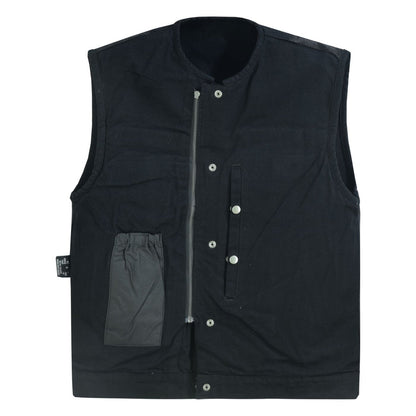 Mens Black Denim Motorcycle Vest with Concealed Snaps & Zipper