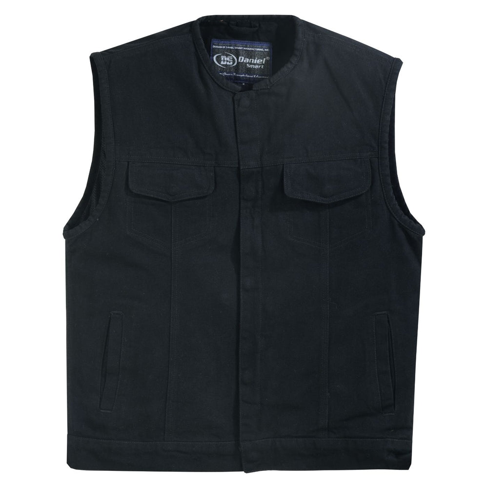 Mens Black Denim Motorcycle Vest with Concealed Snaps & Zipper