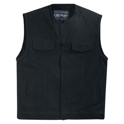 Mens Black Denim Motorcycle Vest with Concealed Snaps & Zipper