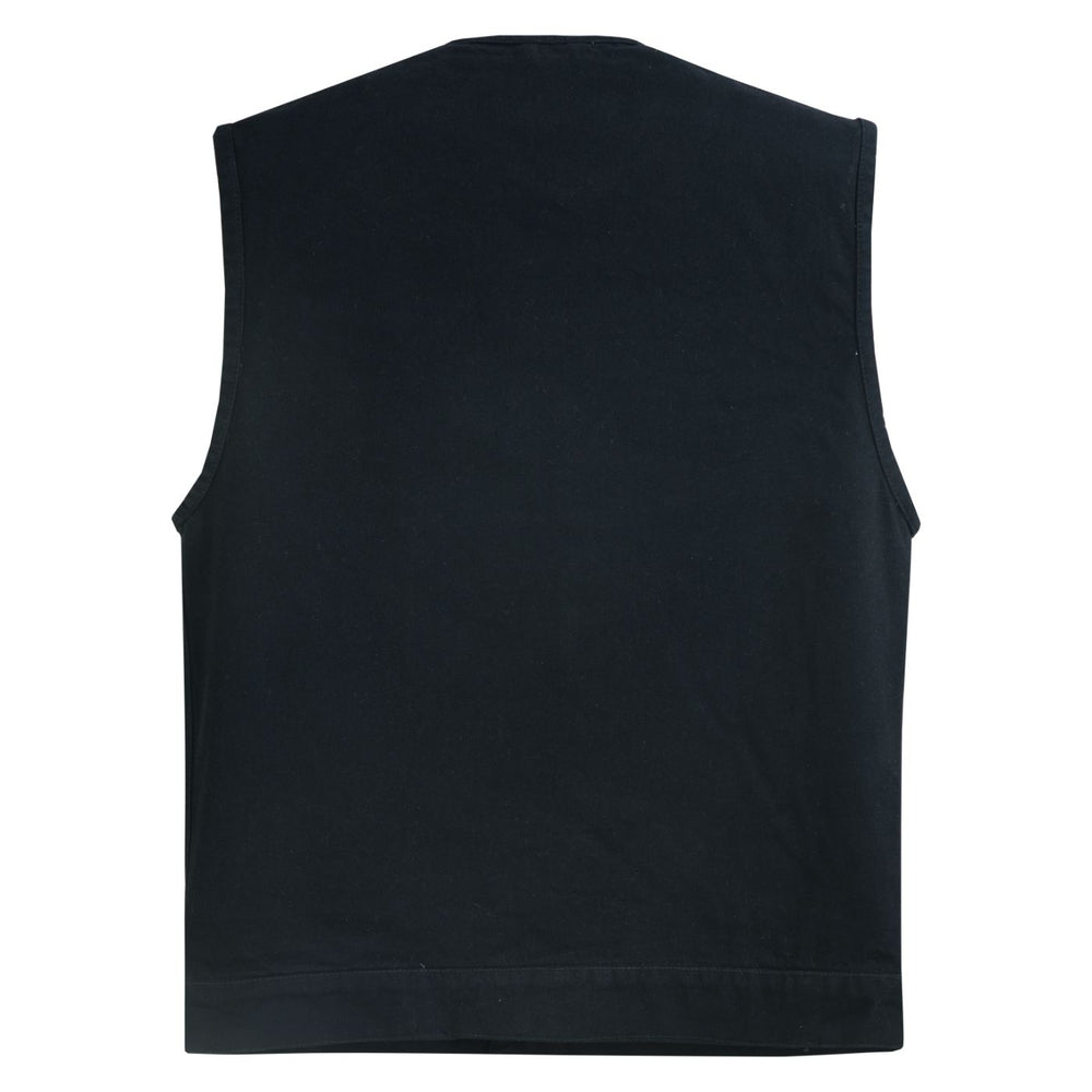 Mens Black Denim Motorcycle Vest with Concealed Snaps & Zipper