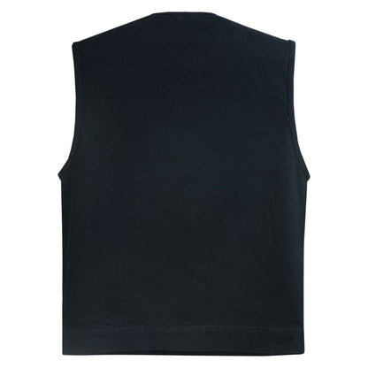 Mens Black Denim Motorcycle Vest with Concealed Snaps & Zipper