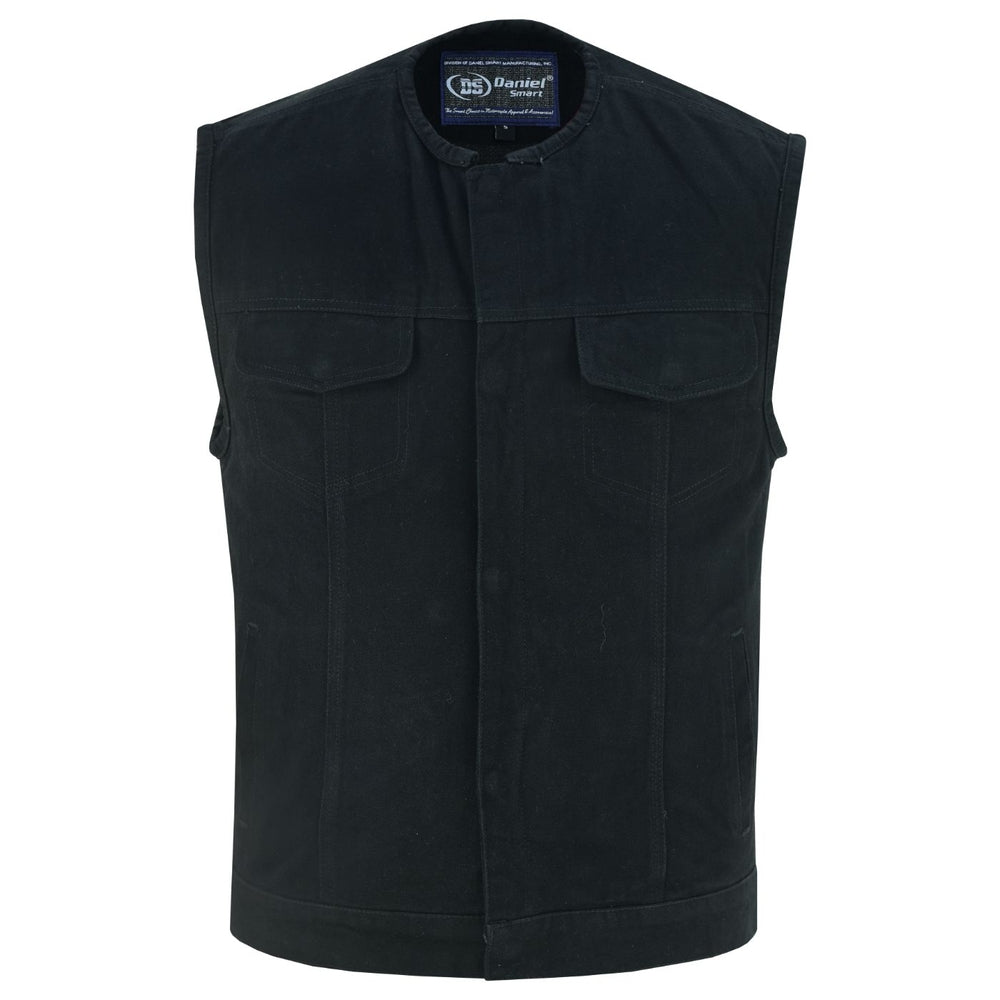 Mens Black Denim Motorcycle Vest with Concealed Snaps & Zipper