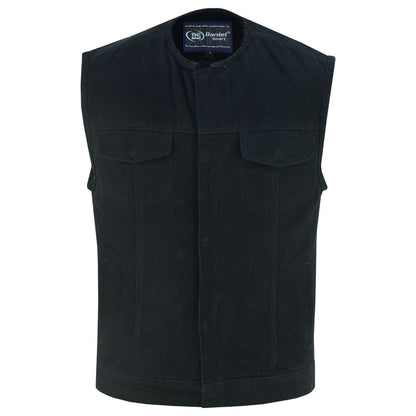 Mens Black Denim Motorcycle Vest with Concealed Snaps & Zipper
