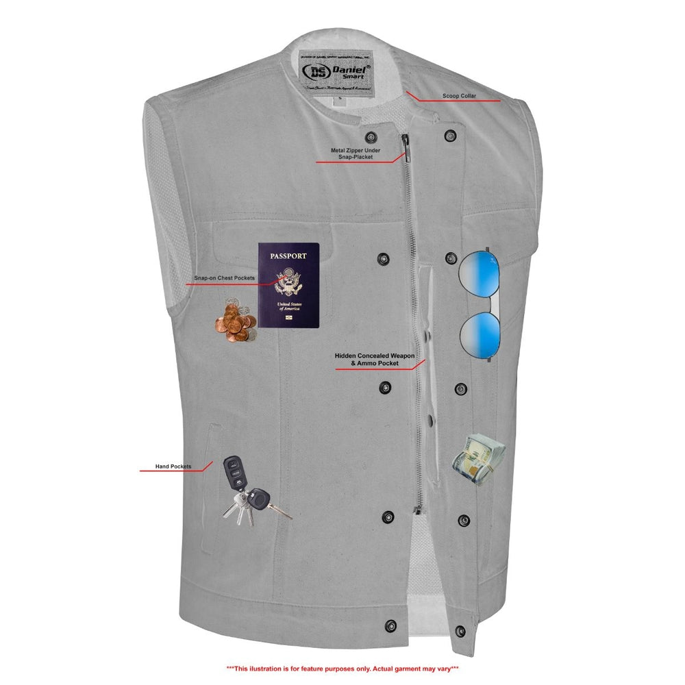 Mens Black Denim Motorcycle Vest with Concealed Snaps & Zipper