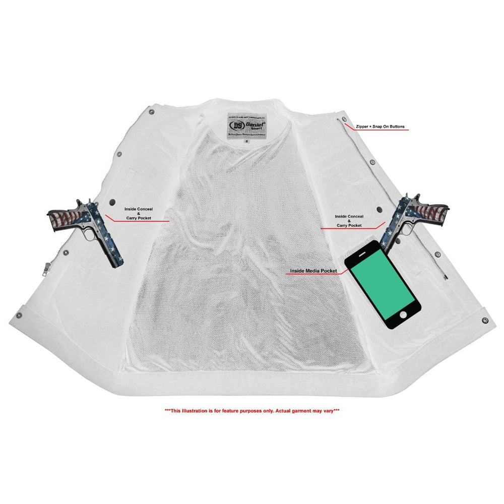 Mens Black Denim Motorcycle Vest with Concealed Snaps & Zipper