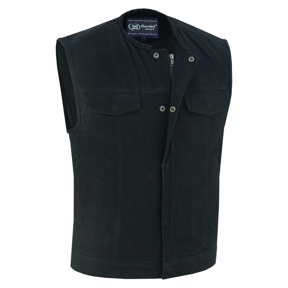 Mens Black Denim Motorcycle Vest with Concealed Snaps & Zipper