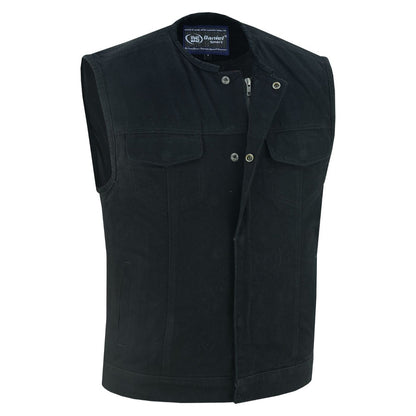 Mens Black Denim Motorcycle Vest with Concealed Snaps & Zipper