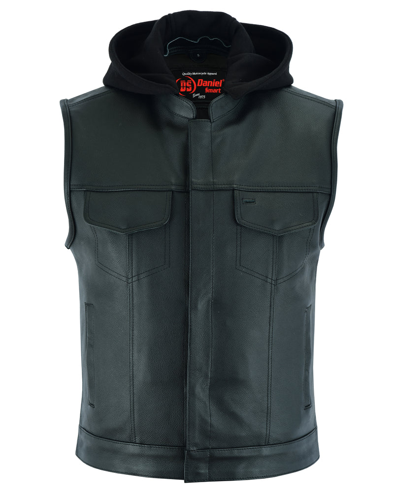 Men's Black Leather Motorcycle Vest with Removable Hood
