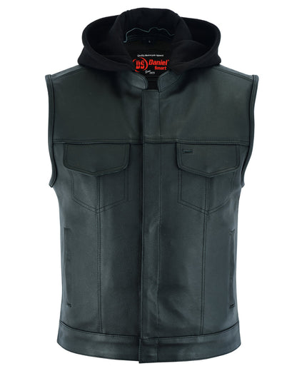 Men's Black Leather Motorcycle Vest with Removable Hood