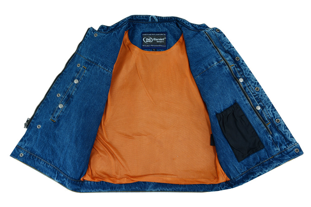 Men's Blue Denim Motorcycle Vest with Lace & Pockets