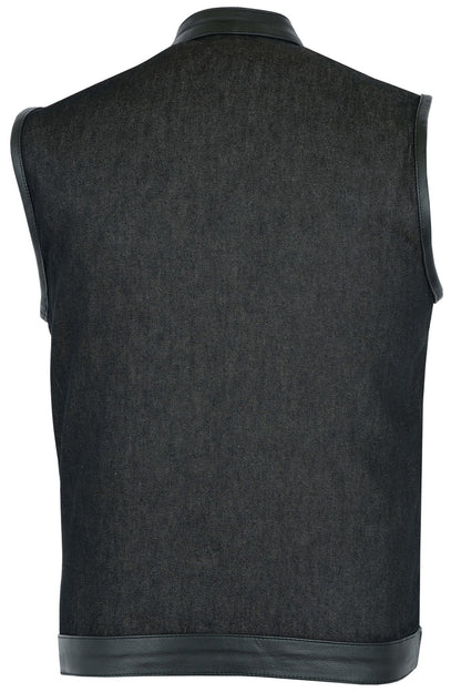 Men's Upgraded Rough Rub-Off Denim Motorcycle Vest w/Leather Trim