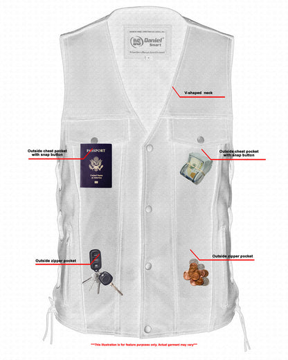 Men's Black Leather Vest with Side Laces and Smart Access Pockets