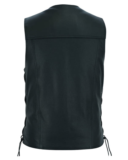 Men's Black Leather Vest with Side Laces and Smart Access Pockets
