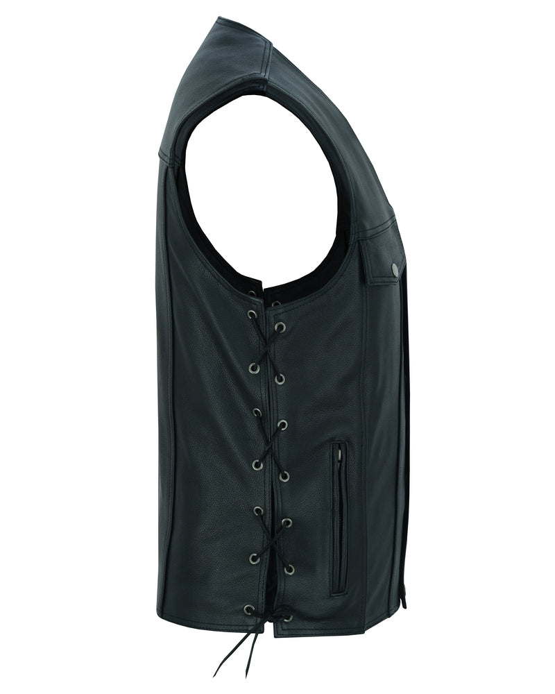 Men's Black Leather Vest with Side Laces and Smart Access Pockets