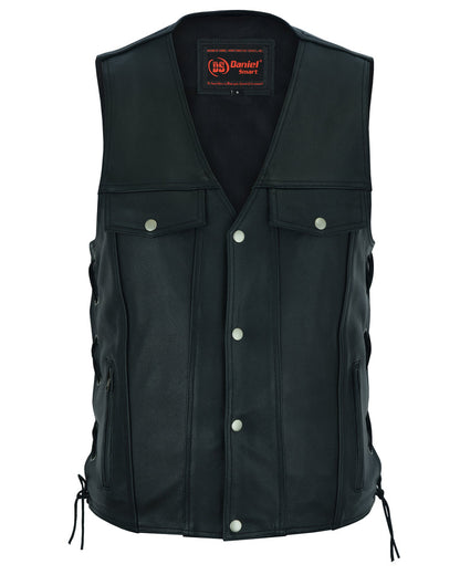 Men's Black Leather Vest with Side Laces and Smart Access Pockets