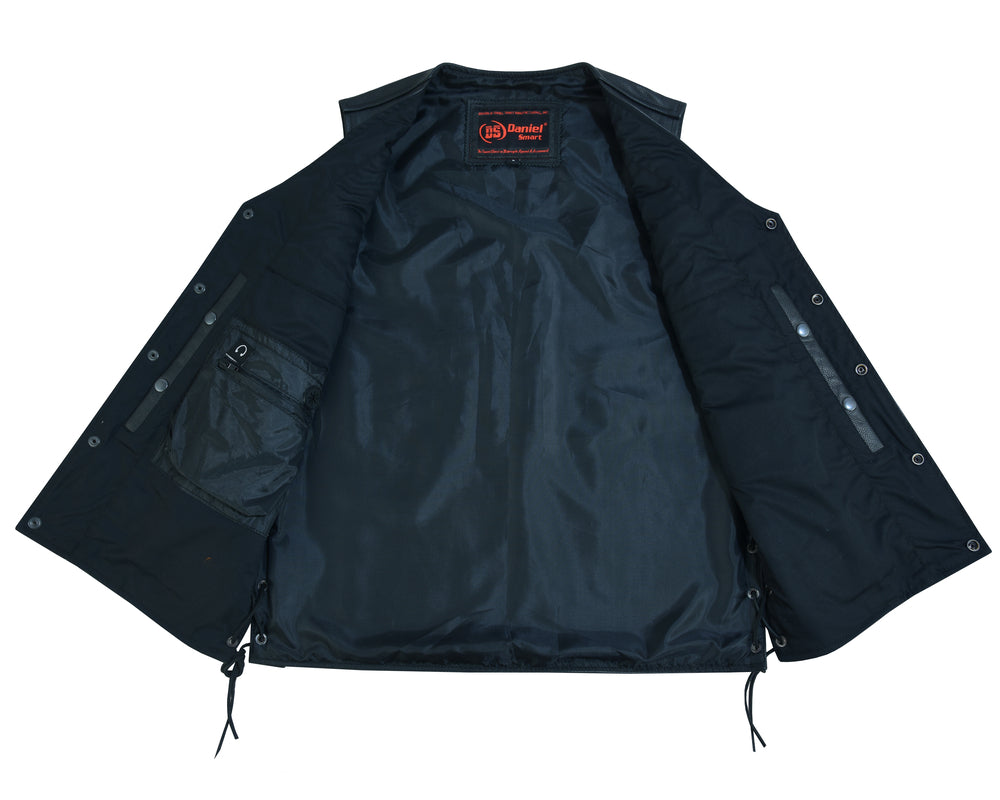 Men's Tall Classic Tapered Bottom Biker Leather Vest- Black