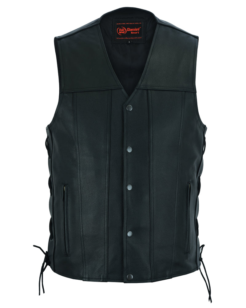 Men's Tall Classic Tapered Bottom Biker Leather Vest- Black