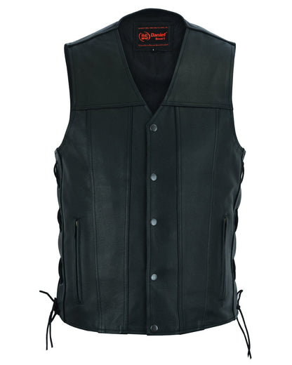 Men's Tall Classic Tapered Bottom Biker Leather Vest- Black