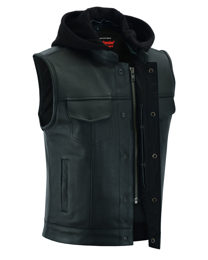 Men's Black Leather Motorcycle Vest with Removable Hood