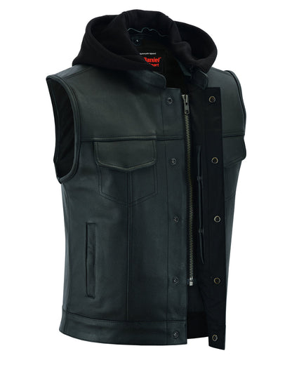 Men's Black Leather Motorcycle Vest with Removable Hood