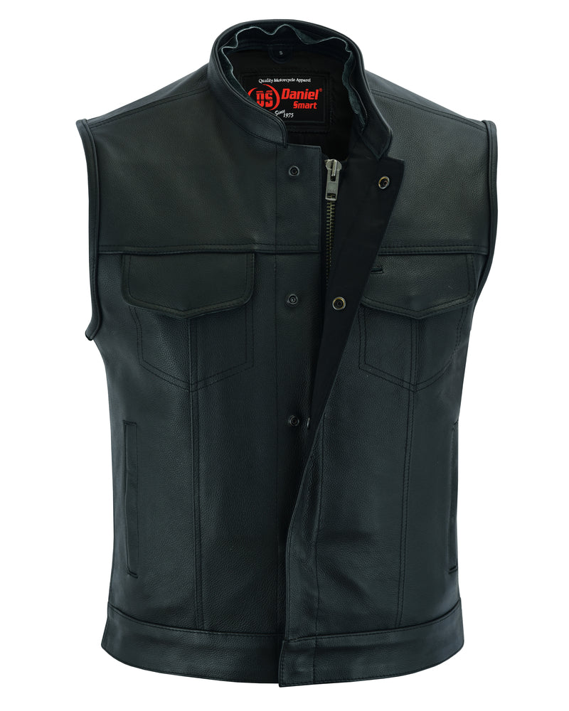 Men's Black Leather Motorcycle Vest with Removable Hood