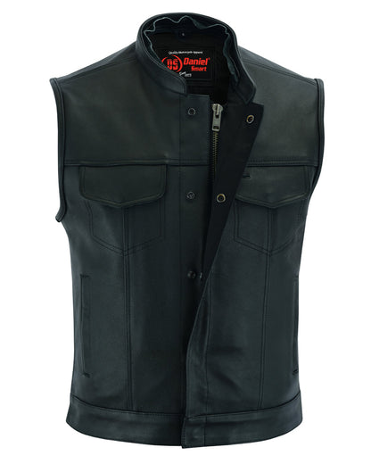 Men's Black Leather Motorcycle Vest with Removable Hood