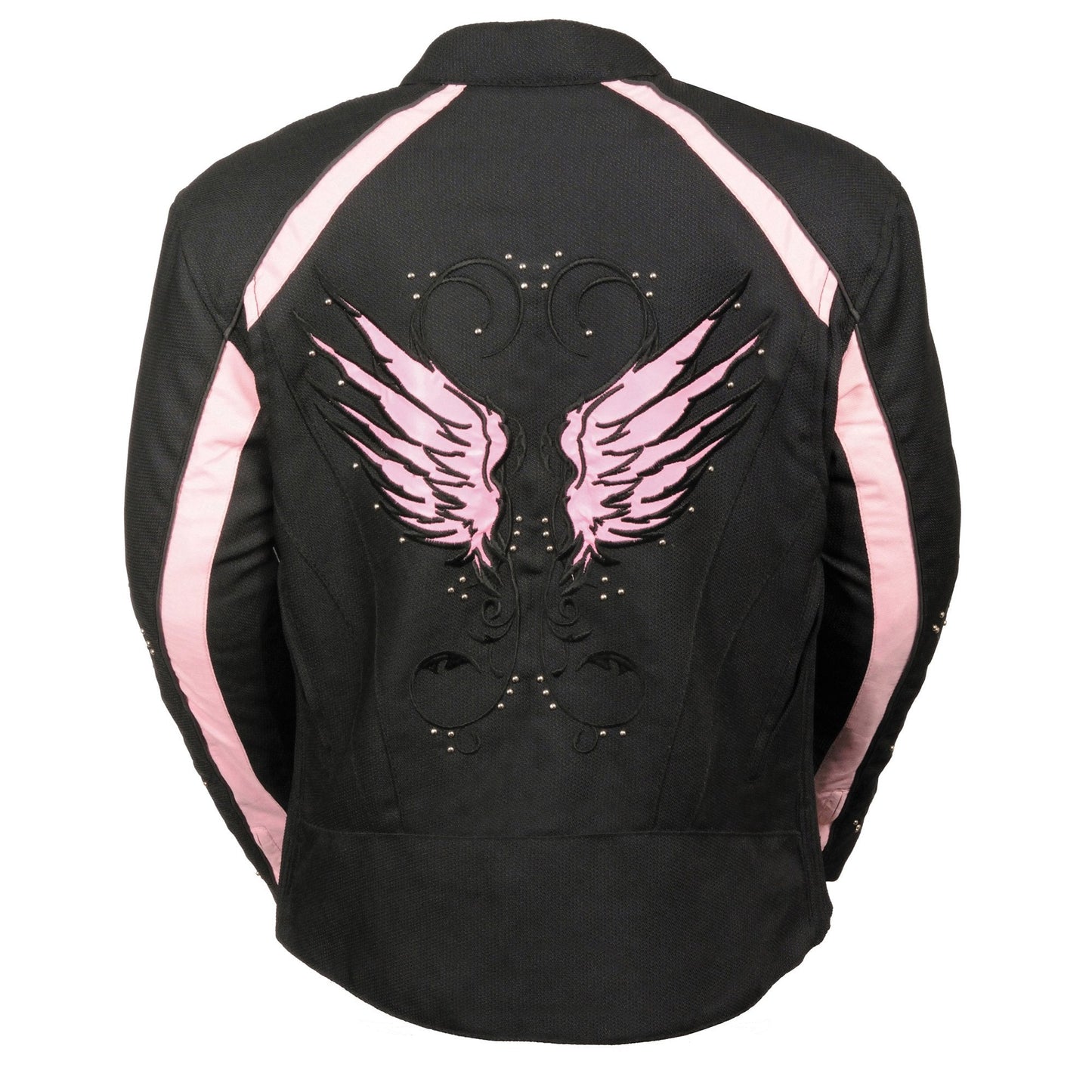 Milwaukee Leather SH1954 Women's Black and Pink Textile Jacket with Stud and Wings Detailing